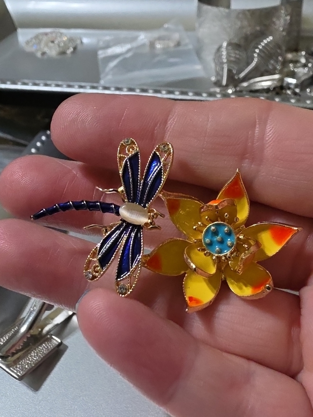 A62- Gold-Tone Blue Dragonfly & Yellow Flower Enamel Brooch Set